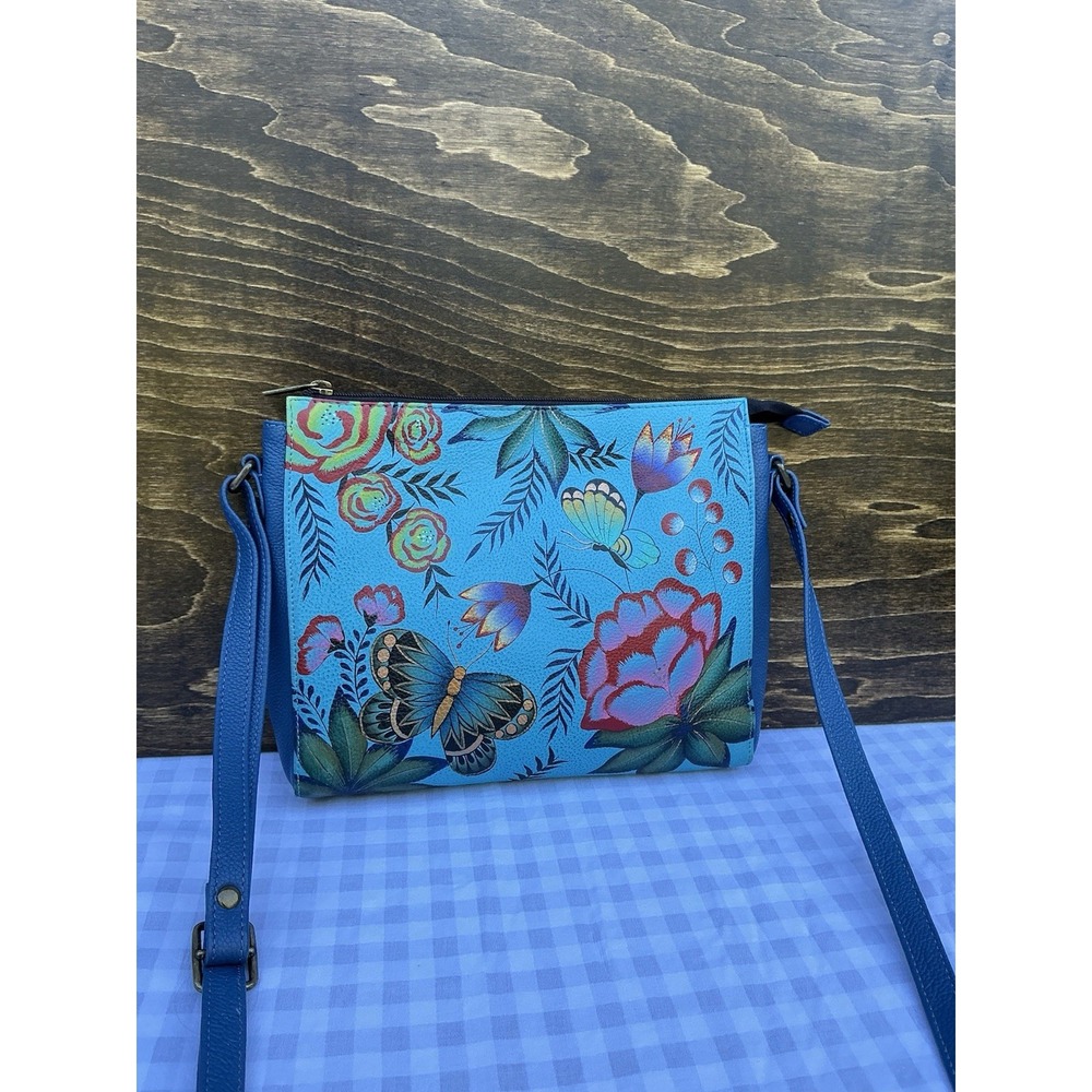 Anna Anuschka Hand Painted Leather Crossbody Bag Butterfly Garden Floral - Picture 2 of 11